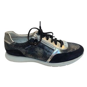 Mephisto Sneakers Womens 9 Blue Silver Leather Slip On Double Zipper Comfort